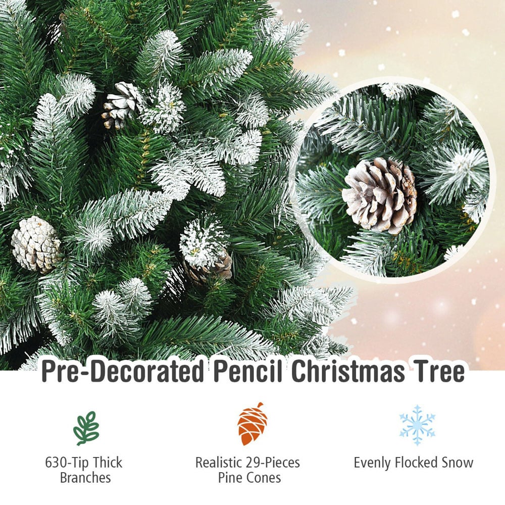 Costway Snow Flocked Pencil Artificial Christmas Tree with Pine Cones 6ft Image 5