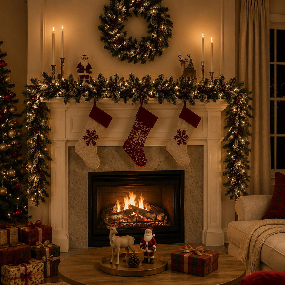 Abrihome 50 Warm White LED Artificial Christmas Garland with Tips Pinecones and Red Berries 270cm Image 4