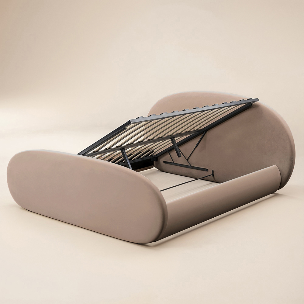 Flair Amos Double Beige Velvet Sidelift Oval Ottoman Bed Image 2