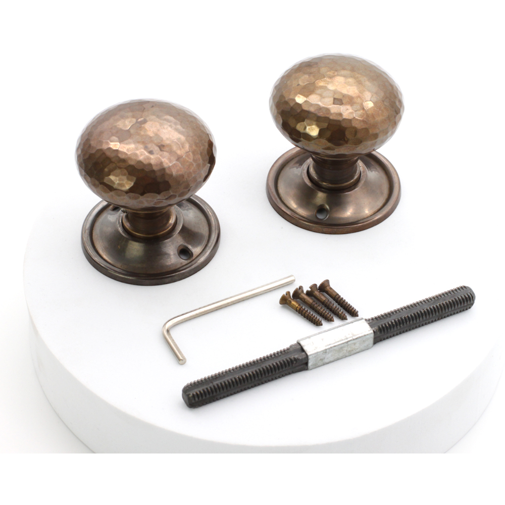 Spira Brass Antique Hammered Mushroom Rim and Mortice Door Knob 2 Pack Image 4