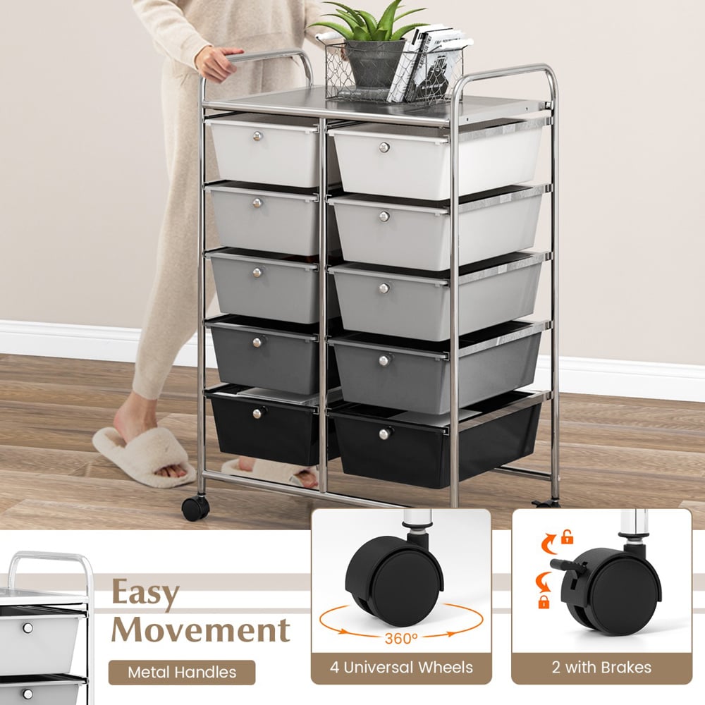 Costway 10 Drawer Black and Grey Storage Rolling Cart Image 6