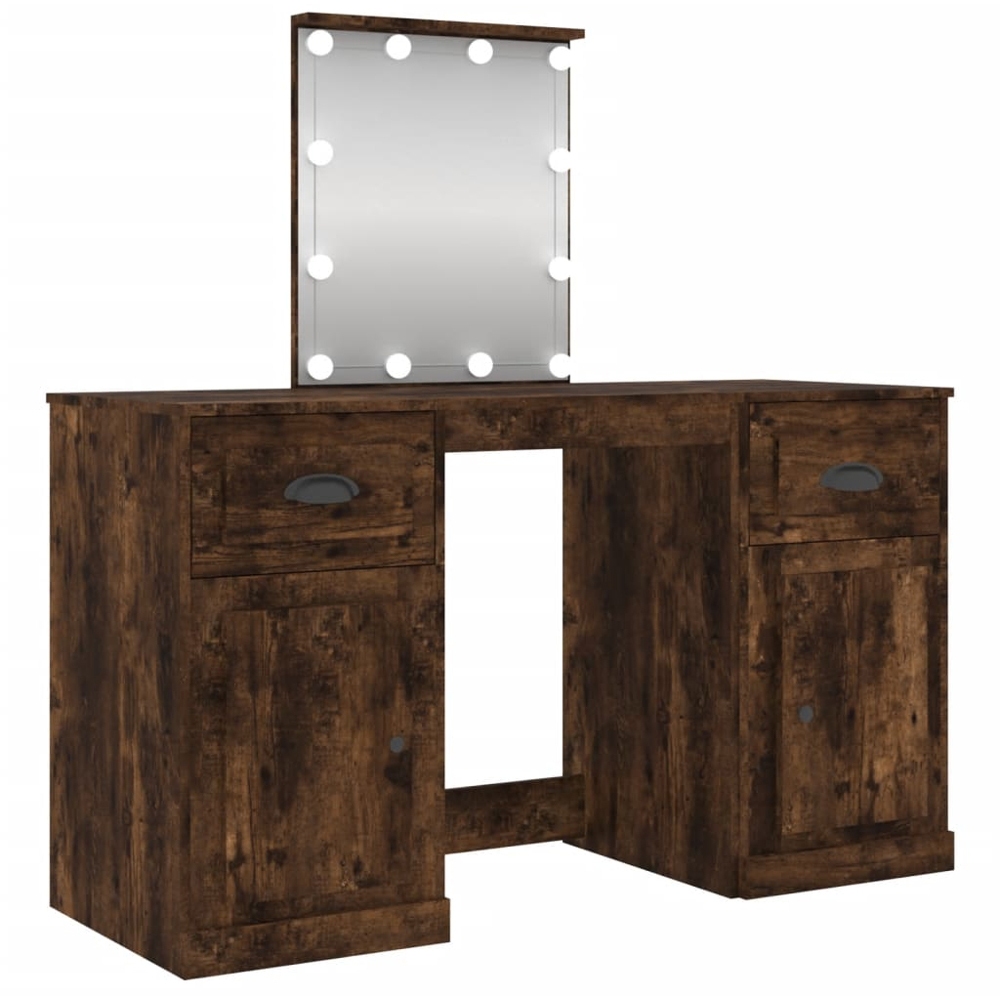 vidaXL 2 Door 2 Drawer Smoked Oak Dressing Table with LED Mirror Image 2