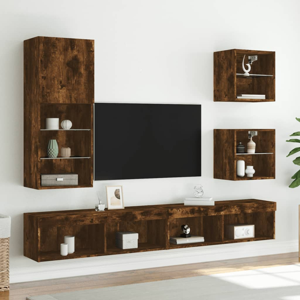 vidaXL Single Door 3 Shelf Smoked Oak Wall Mounted LED TV Cabinet Image 3