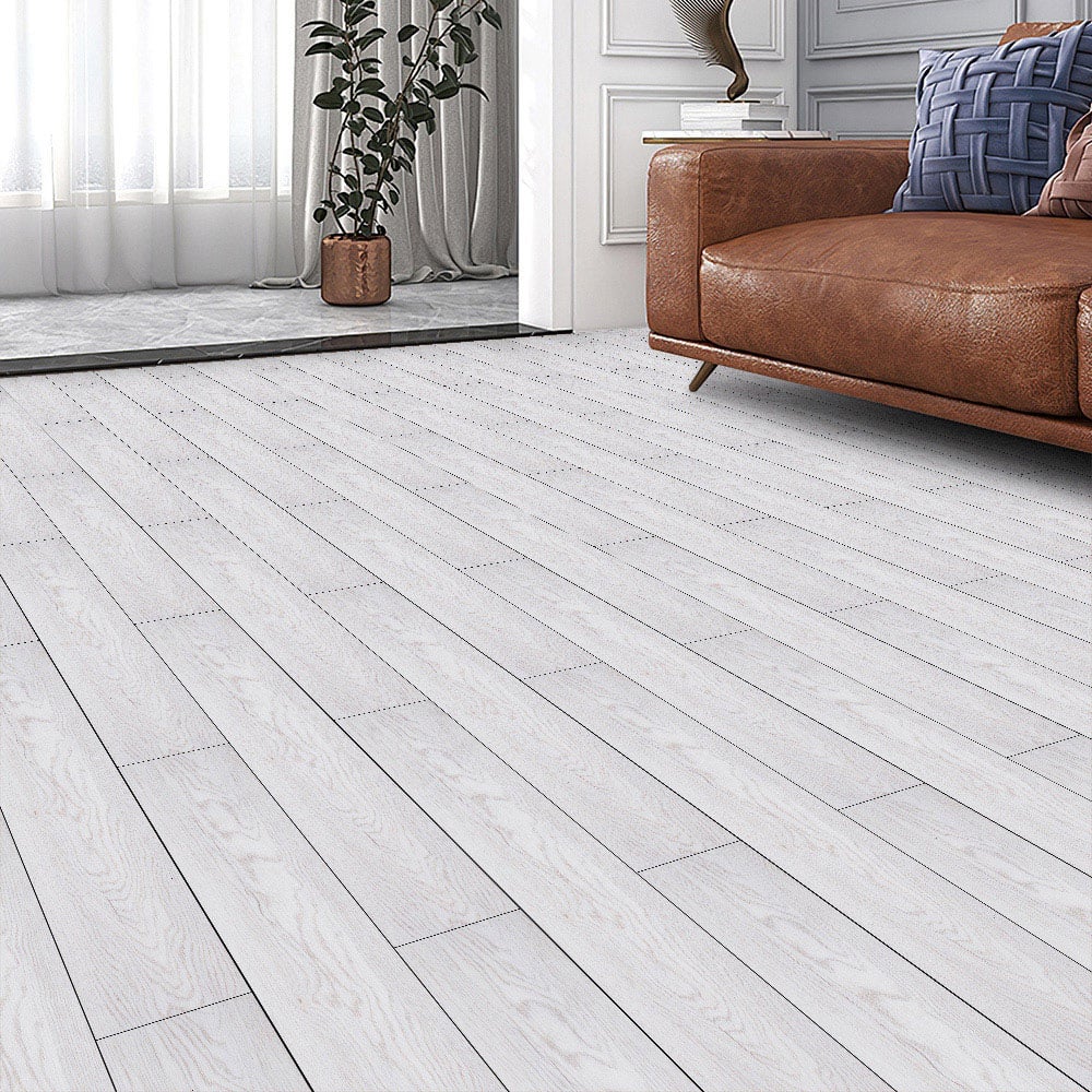 Living and Home White Wood Grain SPC Vinyl Floor Tile 14 Pack Image 1