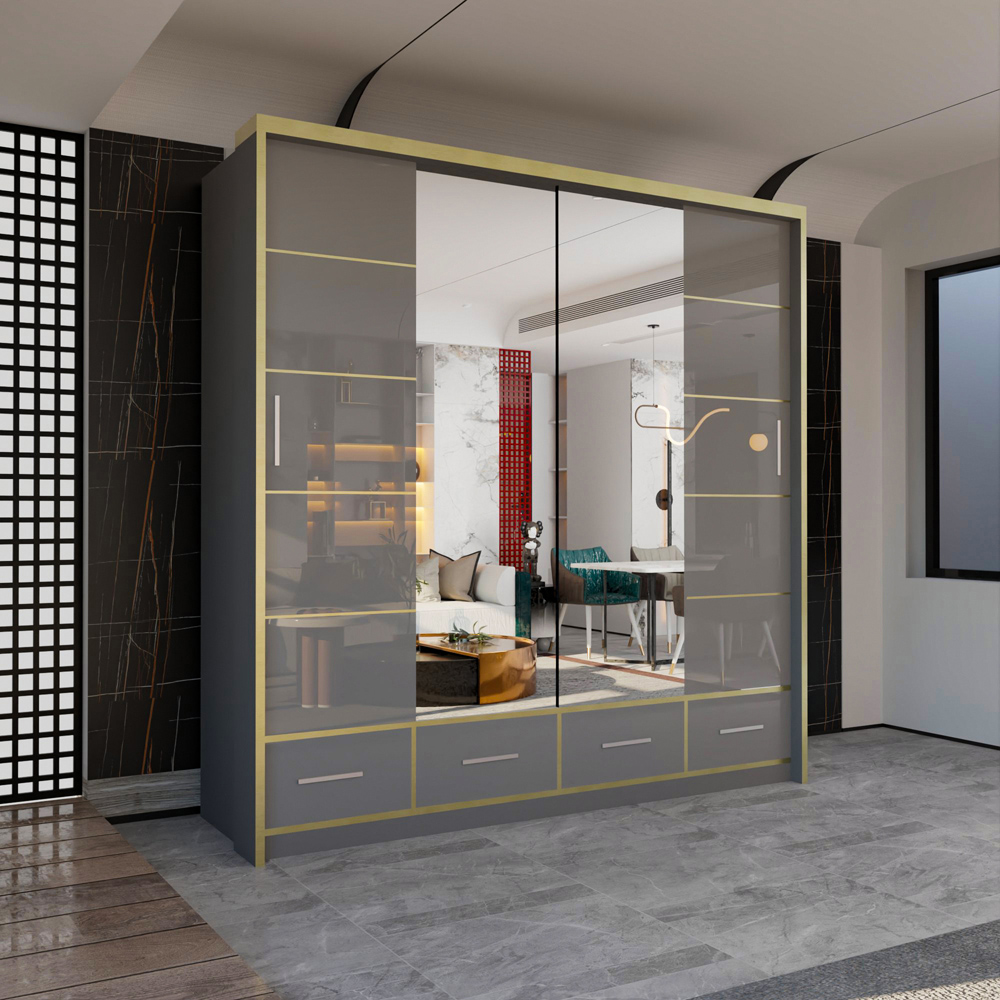M N Furniture Silora 2 Door 4 Drawer Grey and Gold High Gloss Mirrored Sliding Wardrobe 203cm Image 4