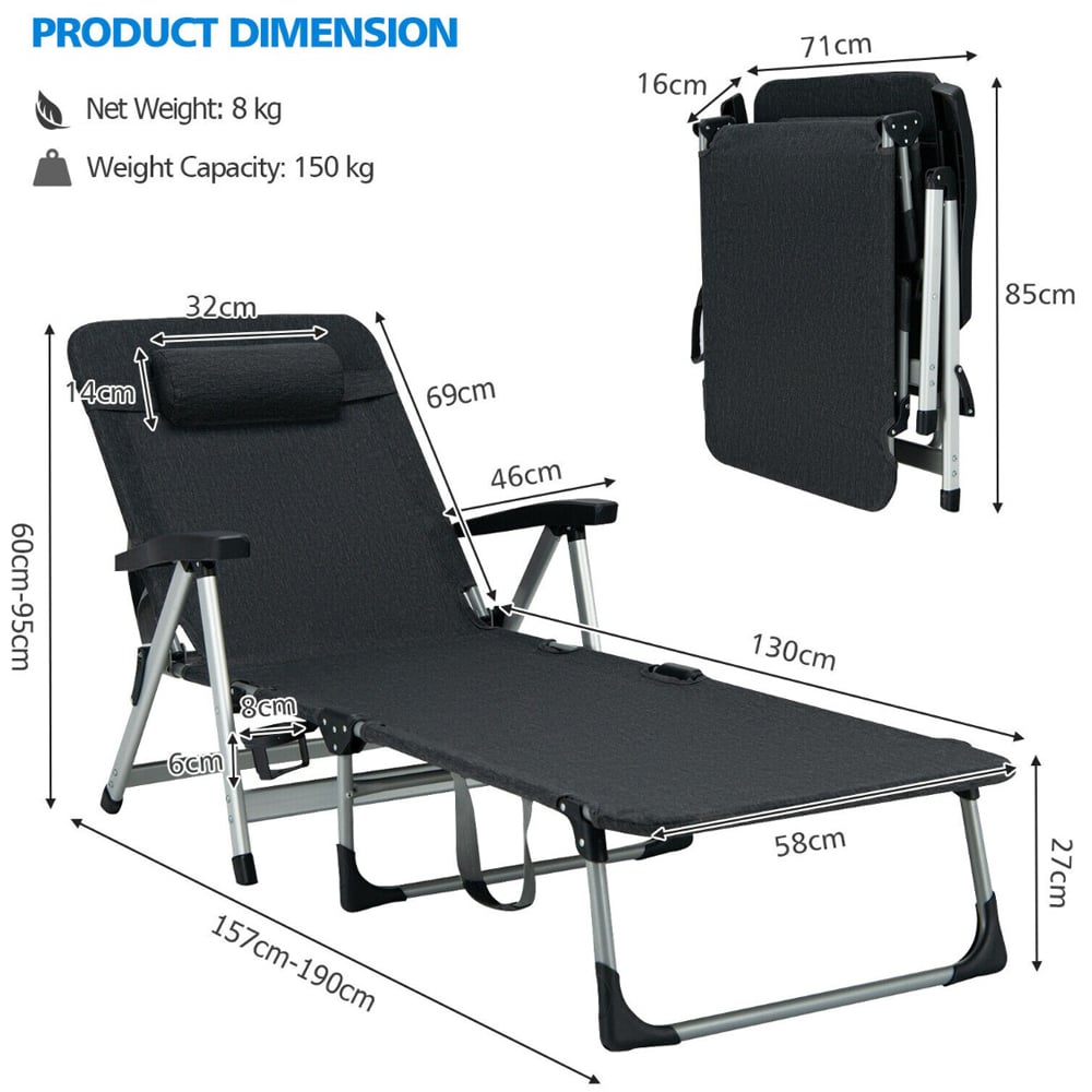 Costway Black Foldable Outdoor Chaise Lounger with Detachable Pillow Image 9