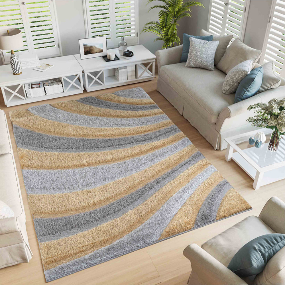 Desire Rug Modern Ochre Waves Shimmer Soft Shaggy Area Rug 80 x 150cm Image 2