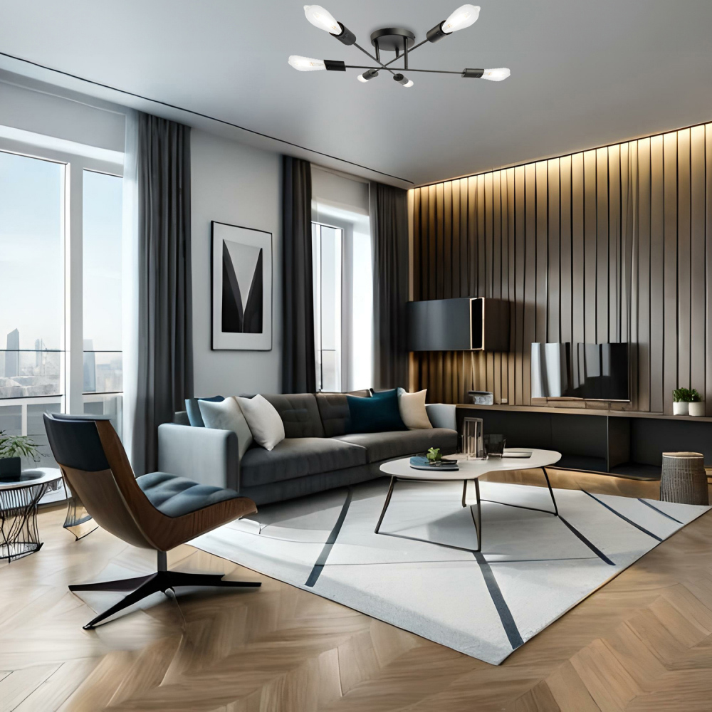 Happy Homewares Matt Black Ceiling Light with Straight Metal Arms Image 2