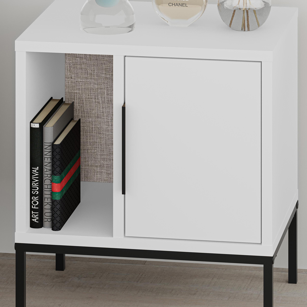 Decortie Glynn Single Door Single Shelf White Nightstand with Metal U Leg Image 4
