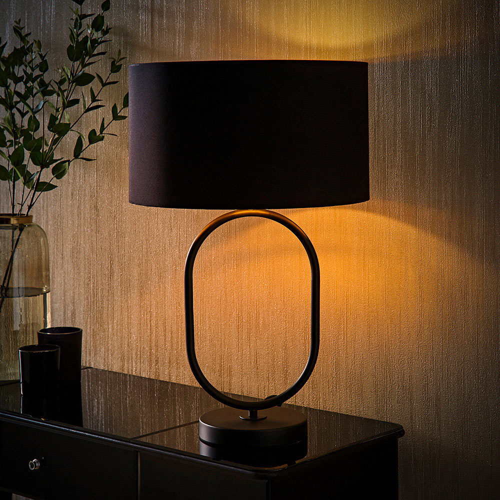 ValueLights Antonia Black with Gold Inner Drum Shade Matte Black Oval Table Lamp with Bulb Image 2