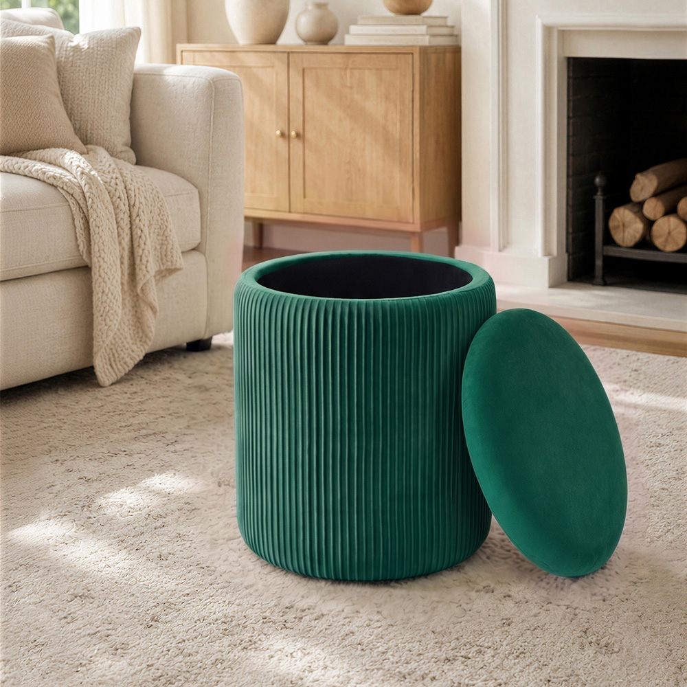 Living and Home Green Plush Round Storage Ottoman with Channel Tufting Image 7