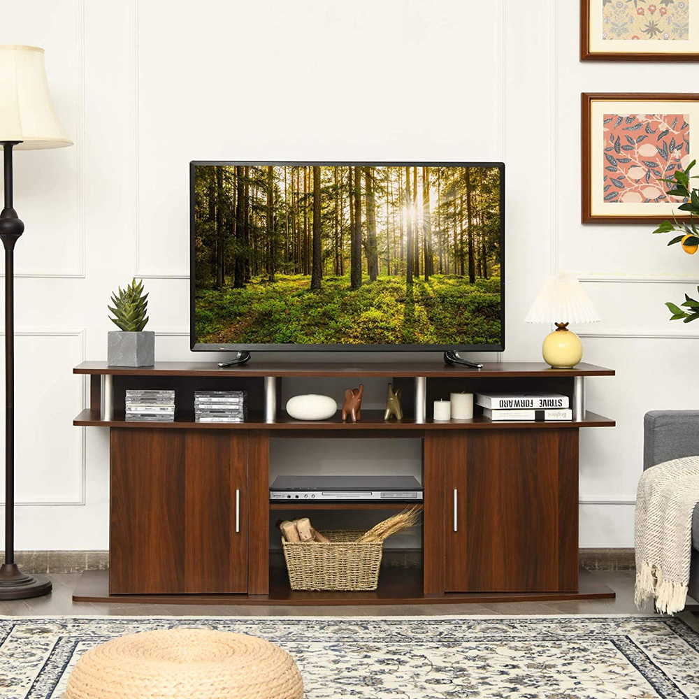 Costway 2 Door 3 Shelf Brown Wooden TV Unit Image 4