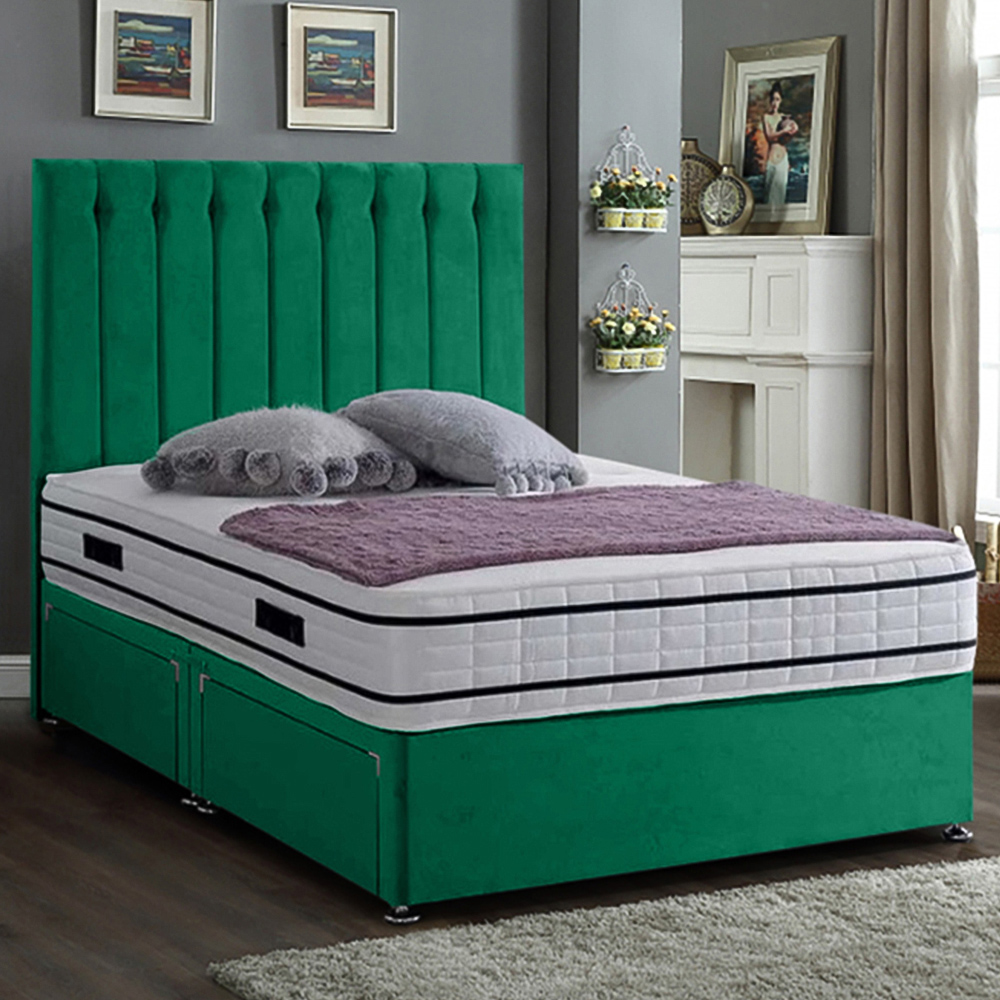 Eleganza Home Snuggler Double Emerald Plush Velvet 2 Drawer Divan Bed with Lined Headboard Image 1