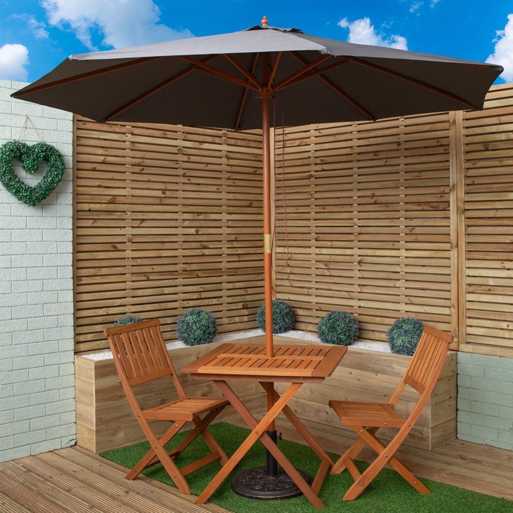 Samuel Alexander 2 Seater Wooden Square Foldable Dining Set with Grey Parasol and Base Image 1