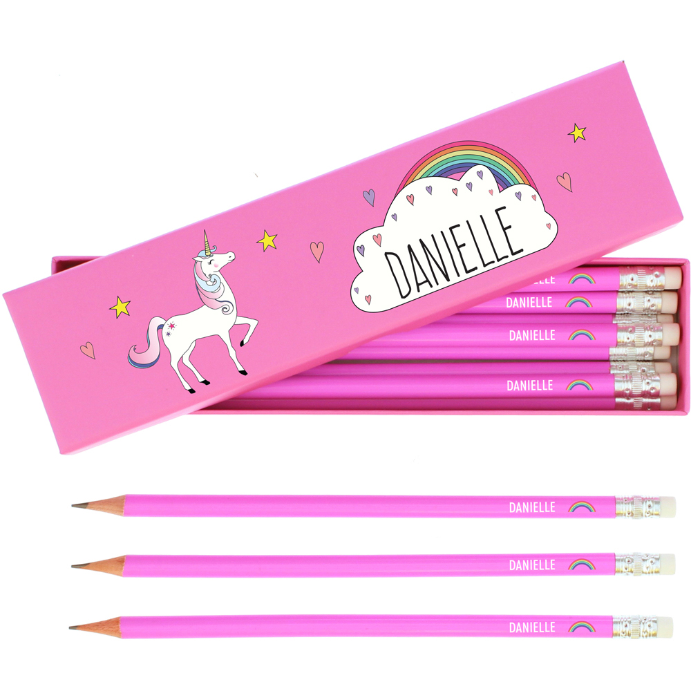 Personalised Memento Unicorn Pink HB Pencils 12 Pack Image 1