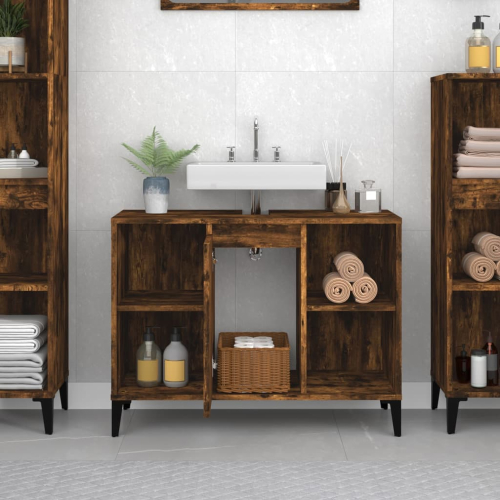 vidaXL Single Door 4 Shelf Smoked Oak Freestanding Under Sink Bathroom Cabinet Image 9