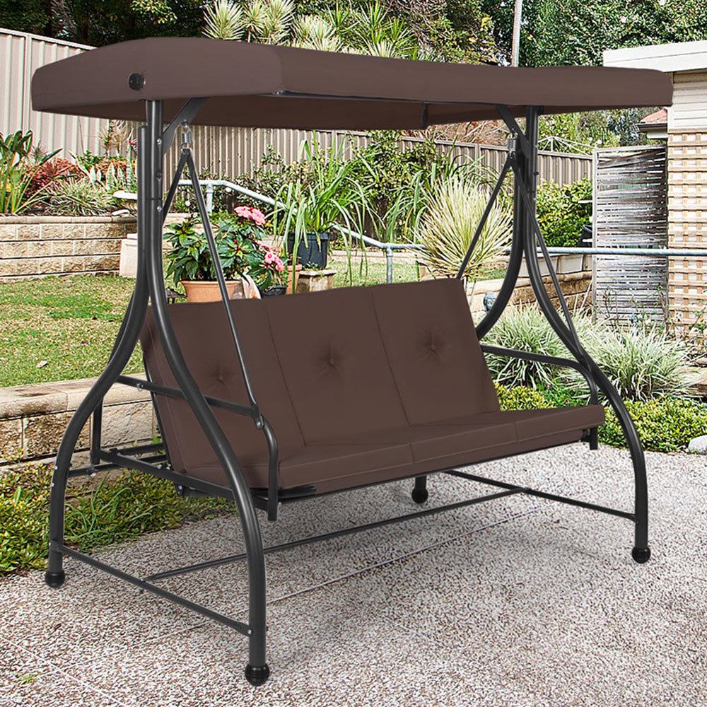 Costway 3 Seater Brown Garden Swing Chair with Adjustable Canopy and Cushion Image 1