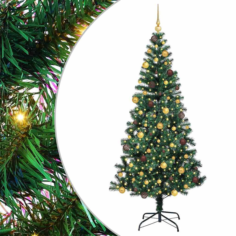 vidaXL Pre-Lit Gold and Bronze Baubles Green Artificial Christmas Tree 7ft Image 2