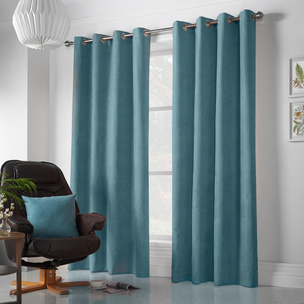 Alan Symonds Teal Velvet Chenille Ring Top Eyelet Curtains 142 x 137cm Image 4