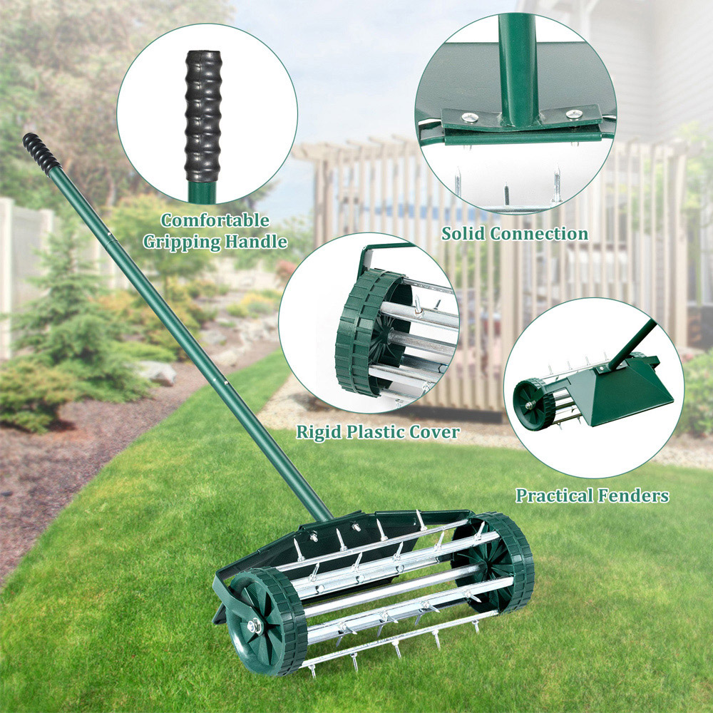 Costway Lawn Spike Aerators Manual Grass Roller with Protective Fender Image 3