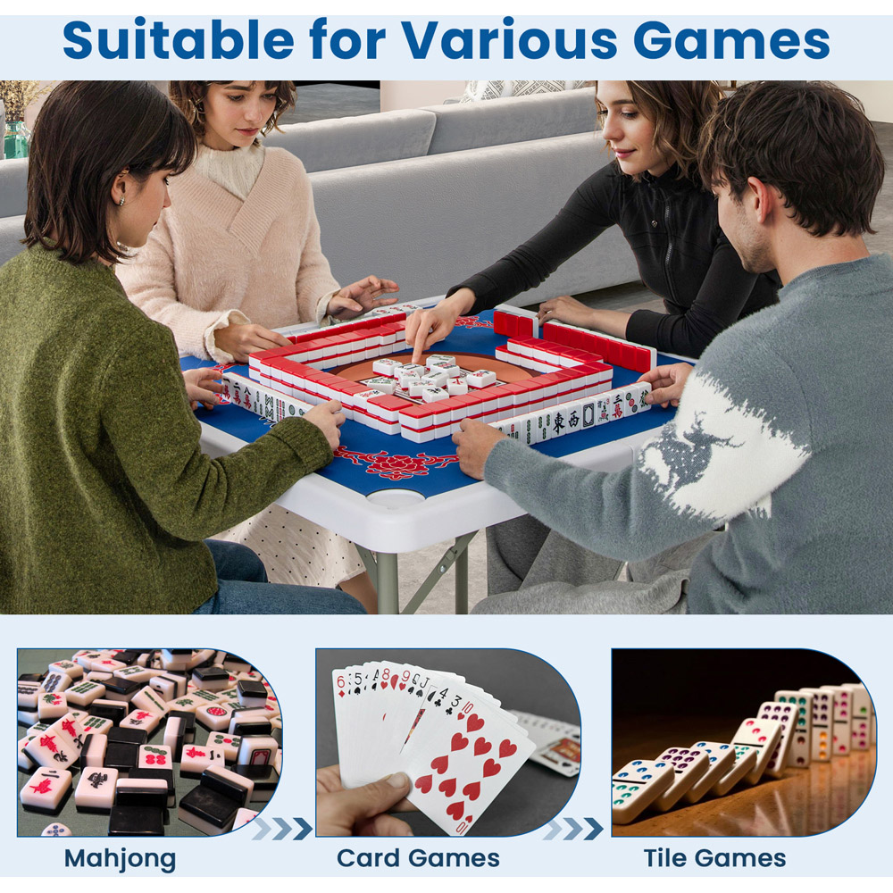 Costway Blue Folding Mahjong Table with Cup Holder Image 4