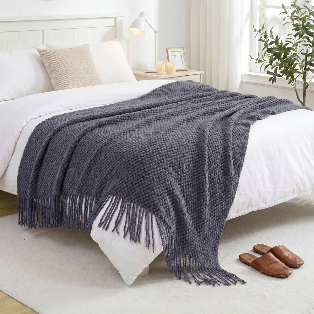 Living and Home Dark Grey Popcorn Knit Throw Blanket with Tassels 130 x 170cm Image 7