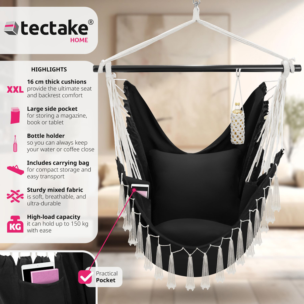tectake Malika Black Hanging Chair 150kg Image 6