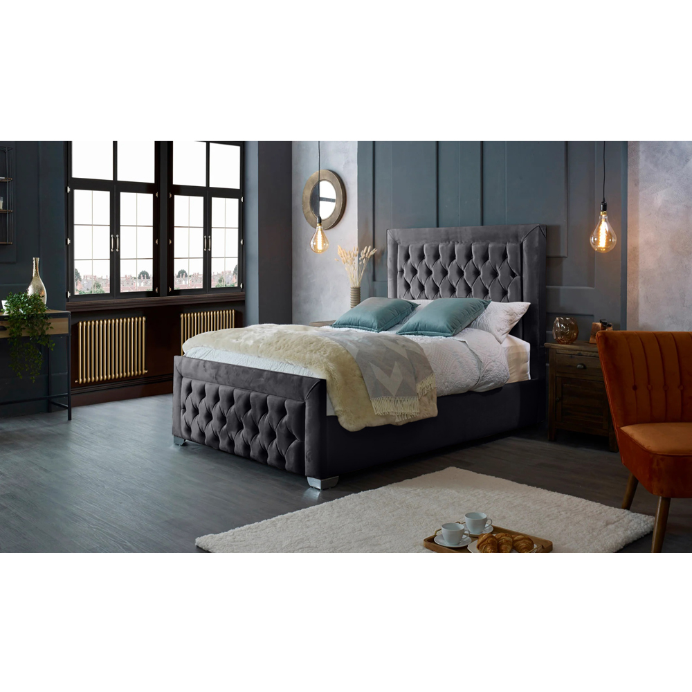 Eleganza Home Gelson Double Steel Plush Velvet Bed Frame with Chesterfield Headboard Image 4