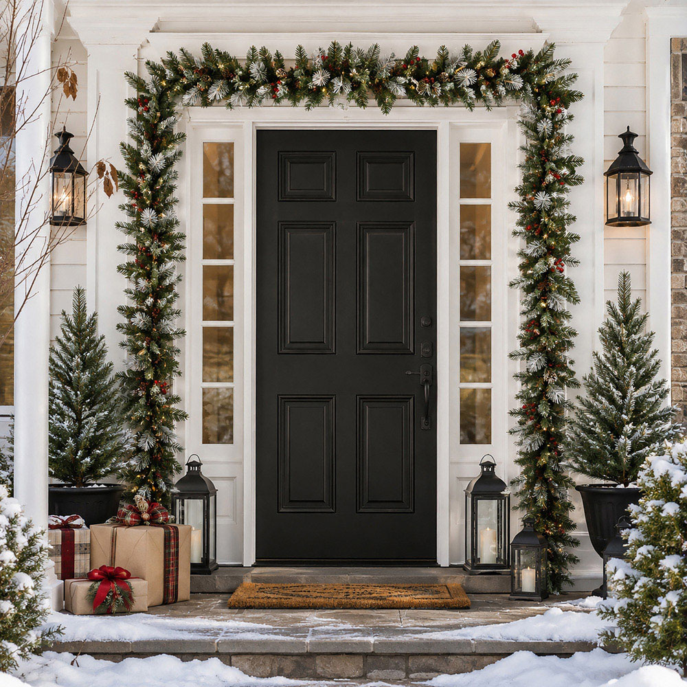 Abrihome 50 Warm White LED Artificial Christmas Garland with Tips Pinecones and Red Berries 270cm Image 2