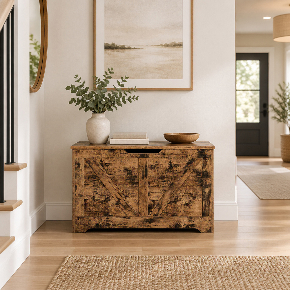 Modcraft Rustic Brown Farmhouse-Style Storage Bench with Lid Image 5