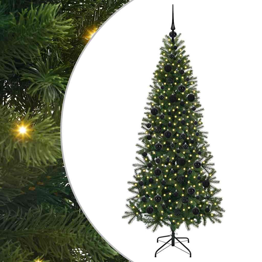 vidaXL Pre-Lit Black Baubles Green Artificial Christmas Tree 6ft Image 2