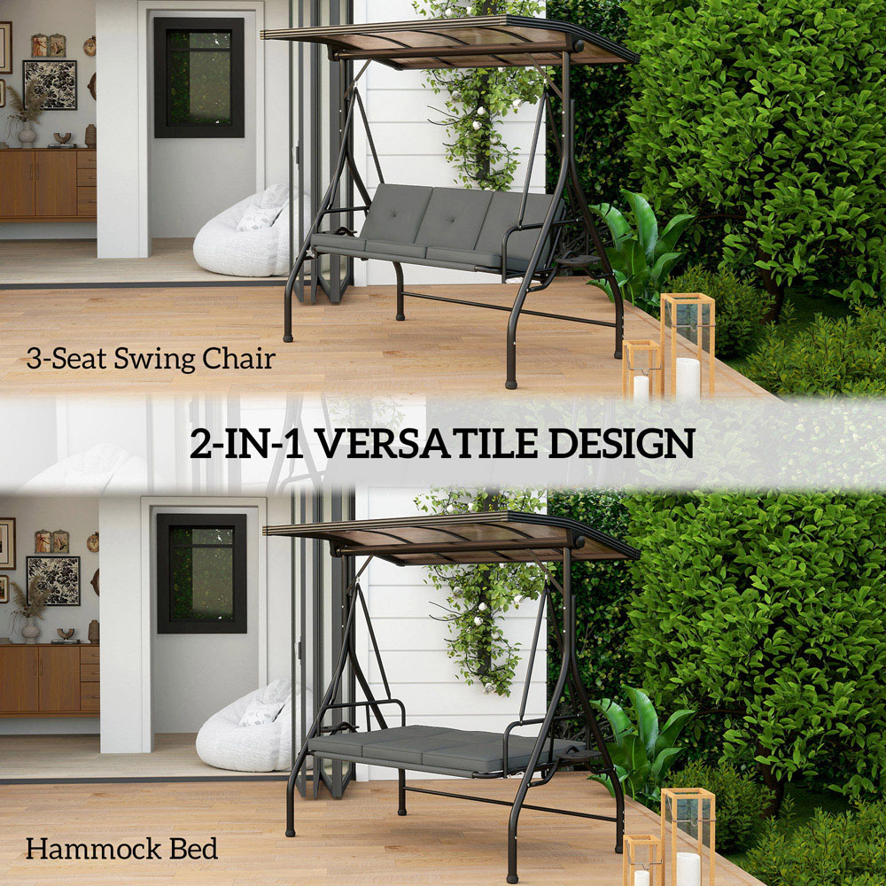 Outsunny 3 Seater Dark Grey Adjustable Canopy Convertible Garden Swing Bed Image 4
