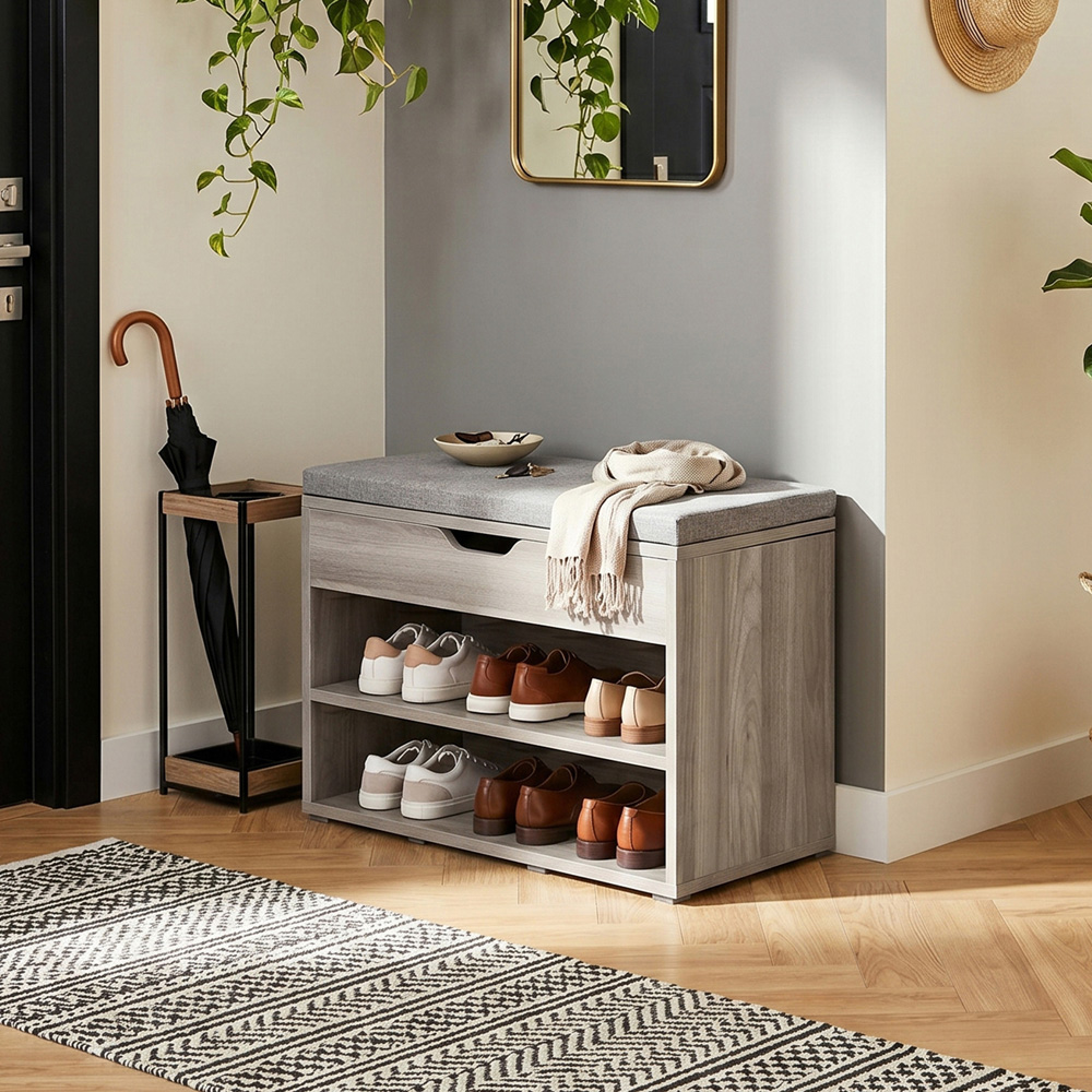 Living and Home 2 Open Shelf Grey Linen Shoe Bench with Lift-Up Lid Image 7