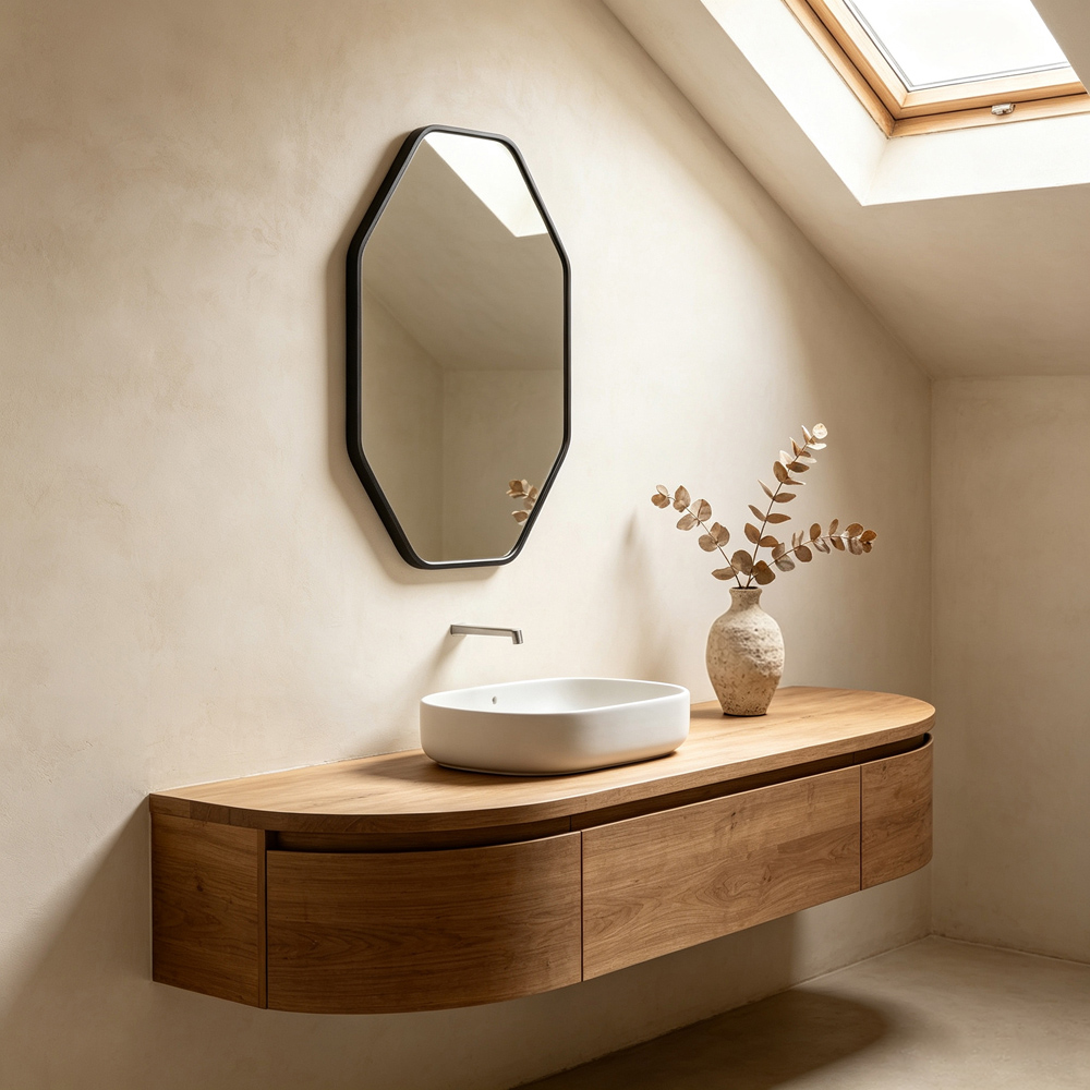 Living and Home Black Hexagonal Aluminium Framed HD Float Glass Bathroom Mirror with Bar 50 x 70cm Image 7