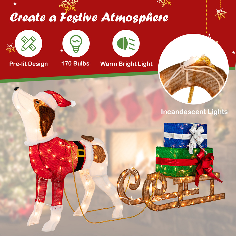 Costway Pre-Lit Lighted Dog Sleigh Gift Boxes Combo Christmas Decoration Image 6
