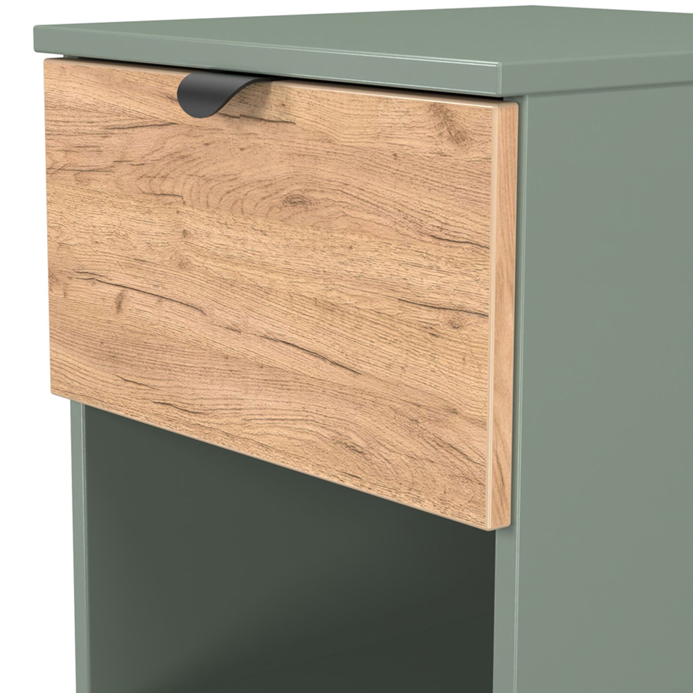 Crowndale Bora 2 Drawer Single Shelf Gold Oak and Reed Green Bedside Cabinet Image 6