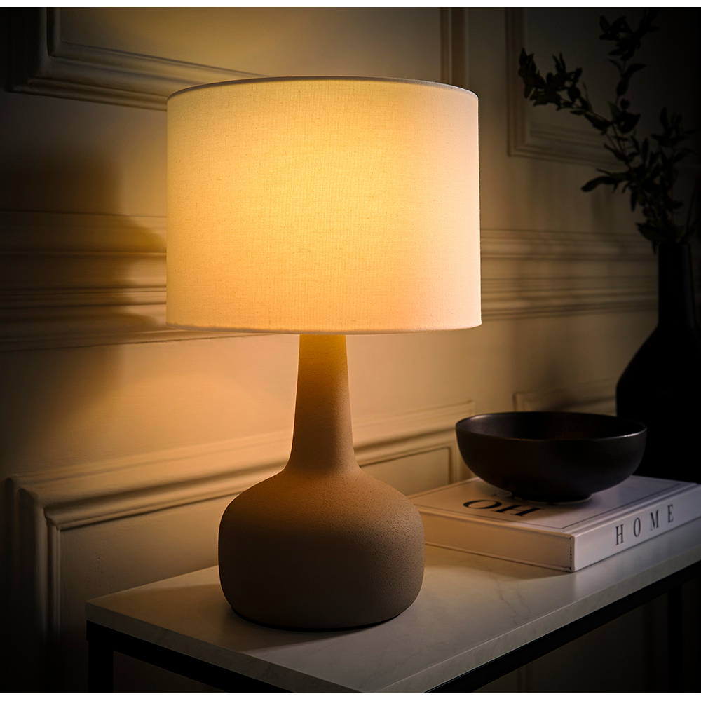 ValueLights Hayley Natural Linen Drum Shade Grey Squat Base Ceramic LED Table Lamp Image 2