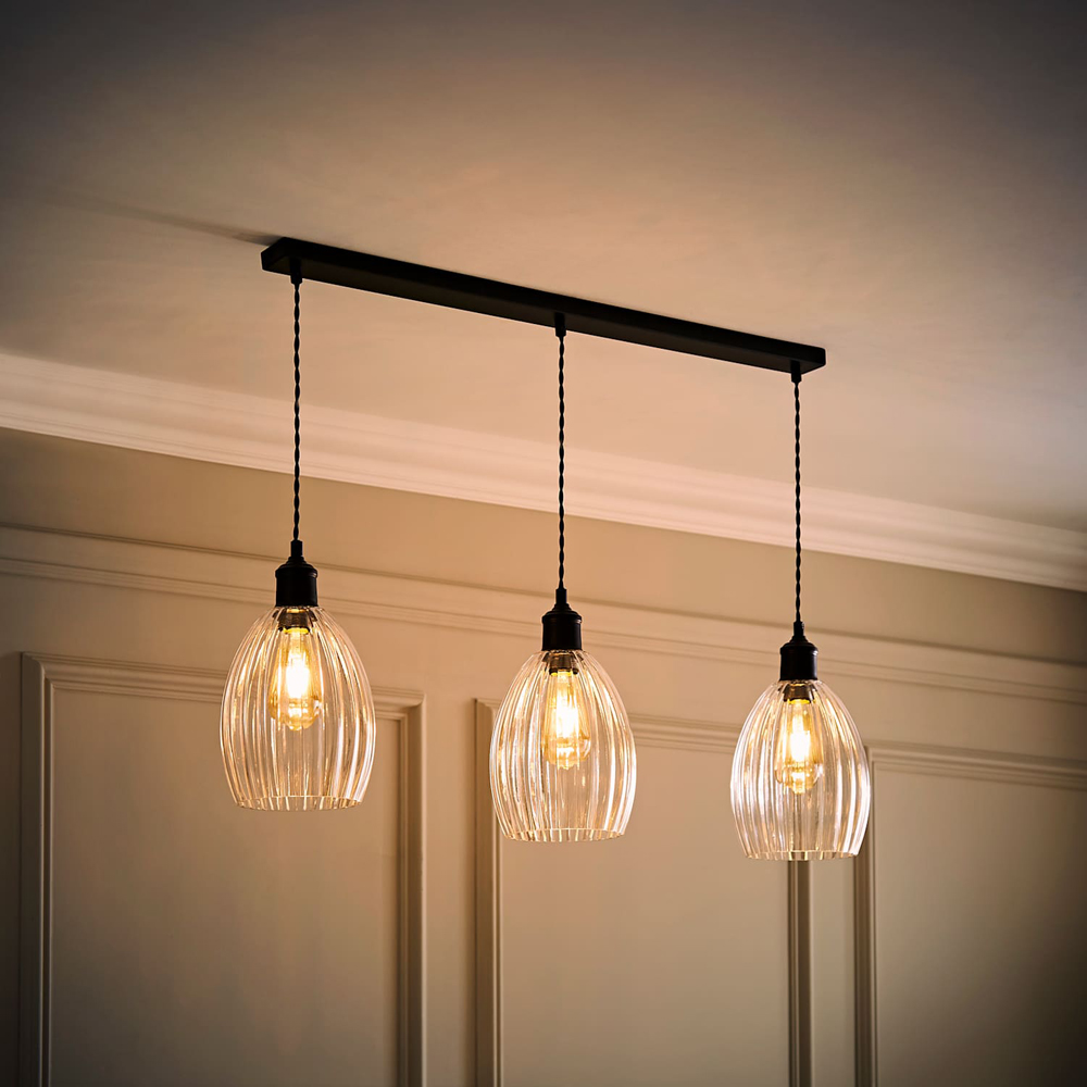 ValueLights Cheltenham Ribbed Shades Matte Black 3 Drop Bar Ceiling Light with Bulbs Image 2