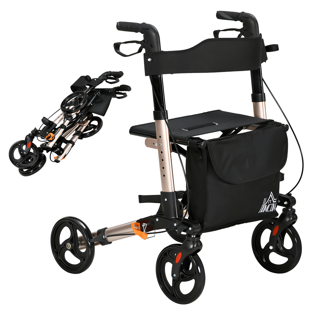 HOMCOM Gold Tone 4-Wheel Foldable Rollator Walker with Seat and Storage Bag Image 3