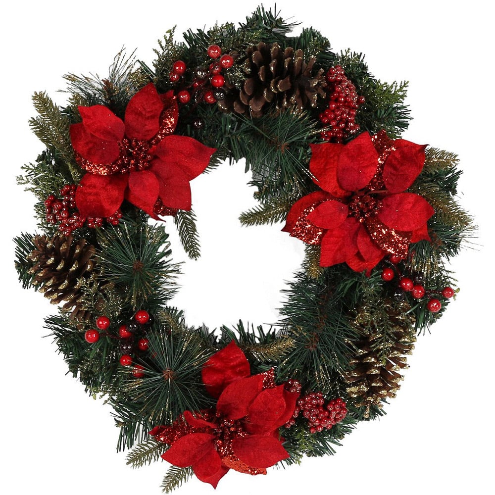 Glitter Poinsettia and Pinecone Christmas Wreath Image