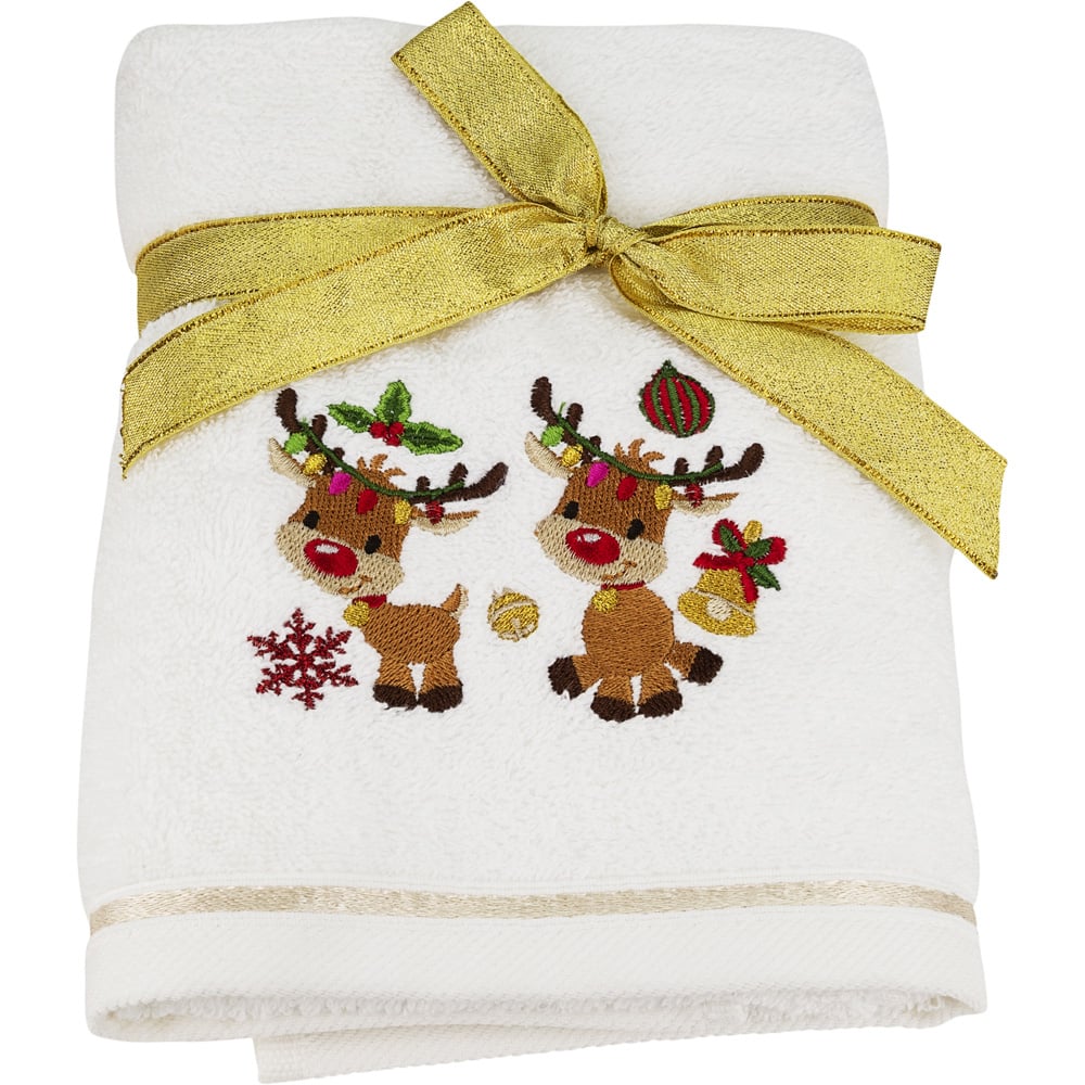 Bellissimo Home Cotton Embroidered Singing Reindeer Hand Towel 2 Pack Image 1