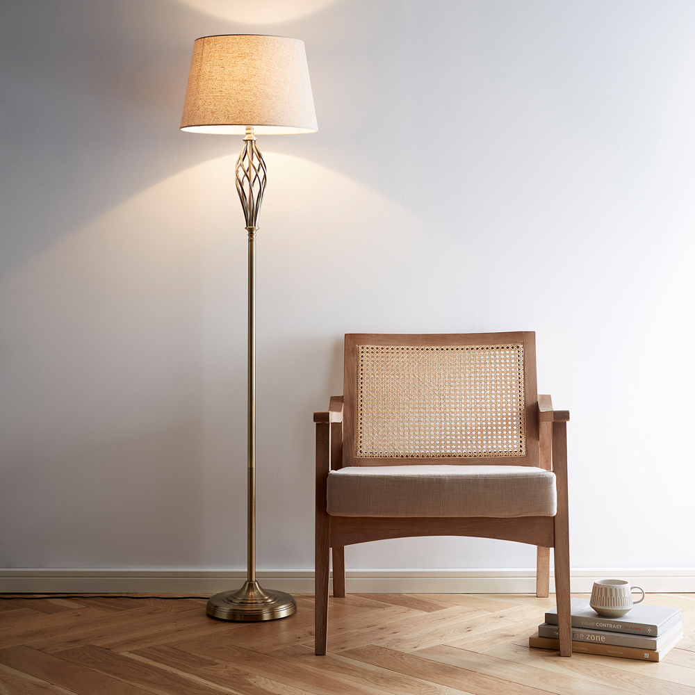 Kliving Compton Natural Linen Shade Antique Brass Floor Lamp Image 4