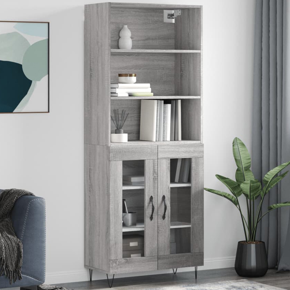 vidaXL 2 Glass Door 3 Shelf Grey Sonoma Tall Highboard Image 1