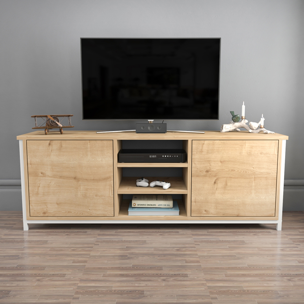 Decorotika Otis 2 Door 3 Shelf White and Oak TV Stand for 63 inch TV Image 4