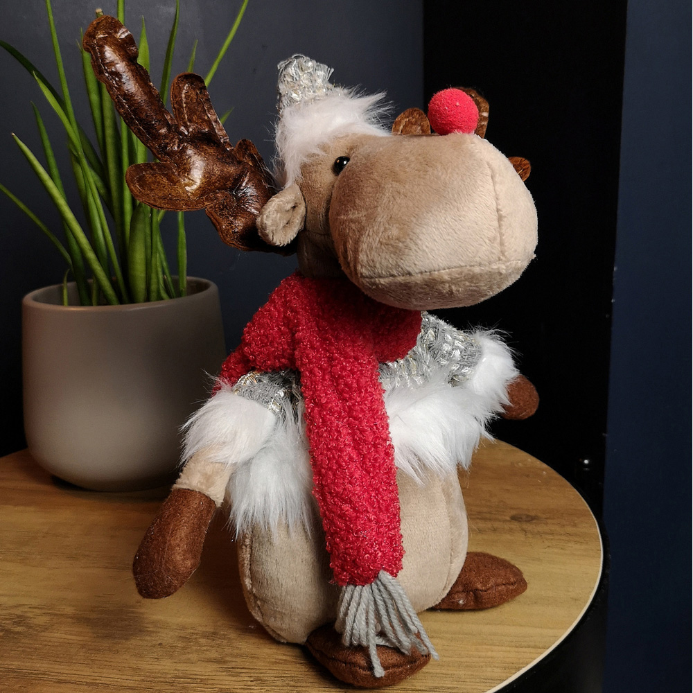 Samuel Alexander Grey Plush Reindeer Christmas Decoration with Hat and Scarf Image 2