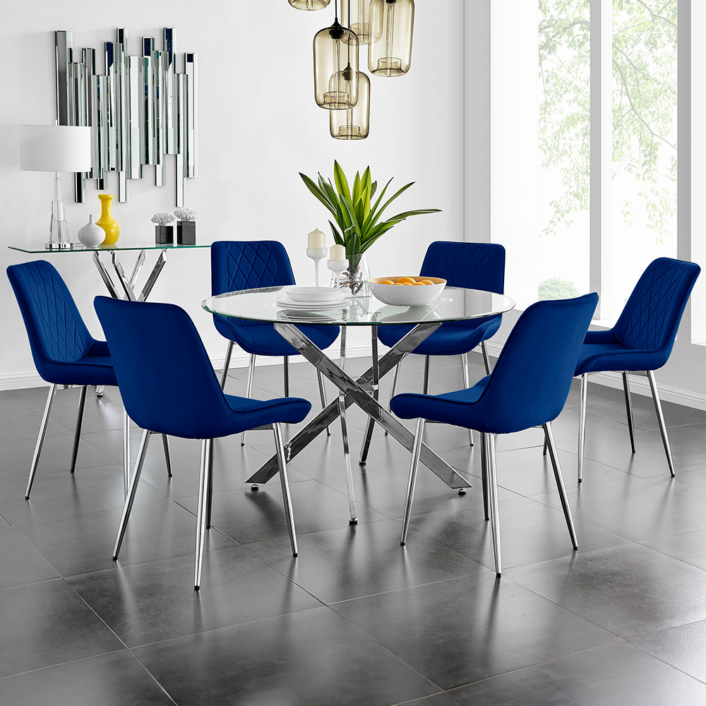 Furniturebox Arona Cesano 6 Seater Round Dining Set Navy and Chrome Image 1