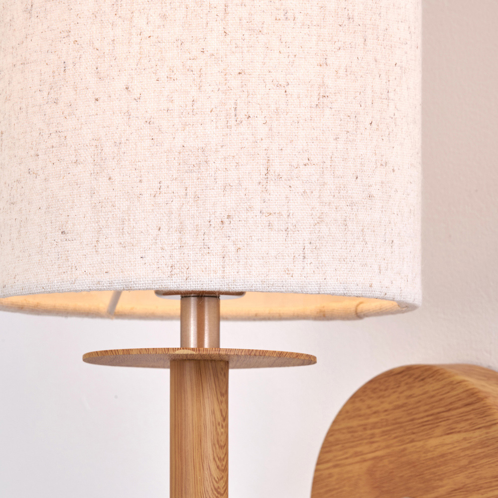Pacific Lifestyle Bonham White Fabric Shade Natural Wood Veneer and Silver Metal Wall Light Image 4