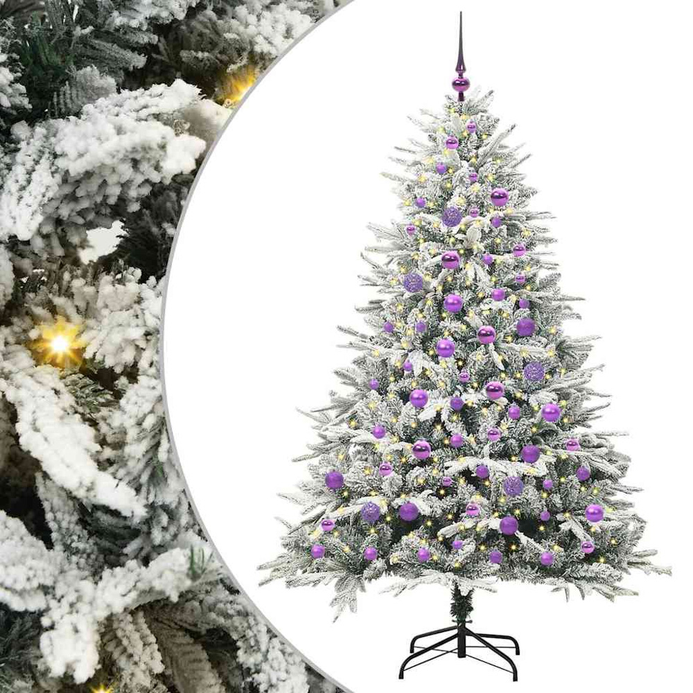 vidaXL 300 LED Pre-Lit Lilac Baubles Green Artificial Snow Flocked Christmas Tree 6ft Image 2