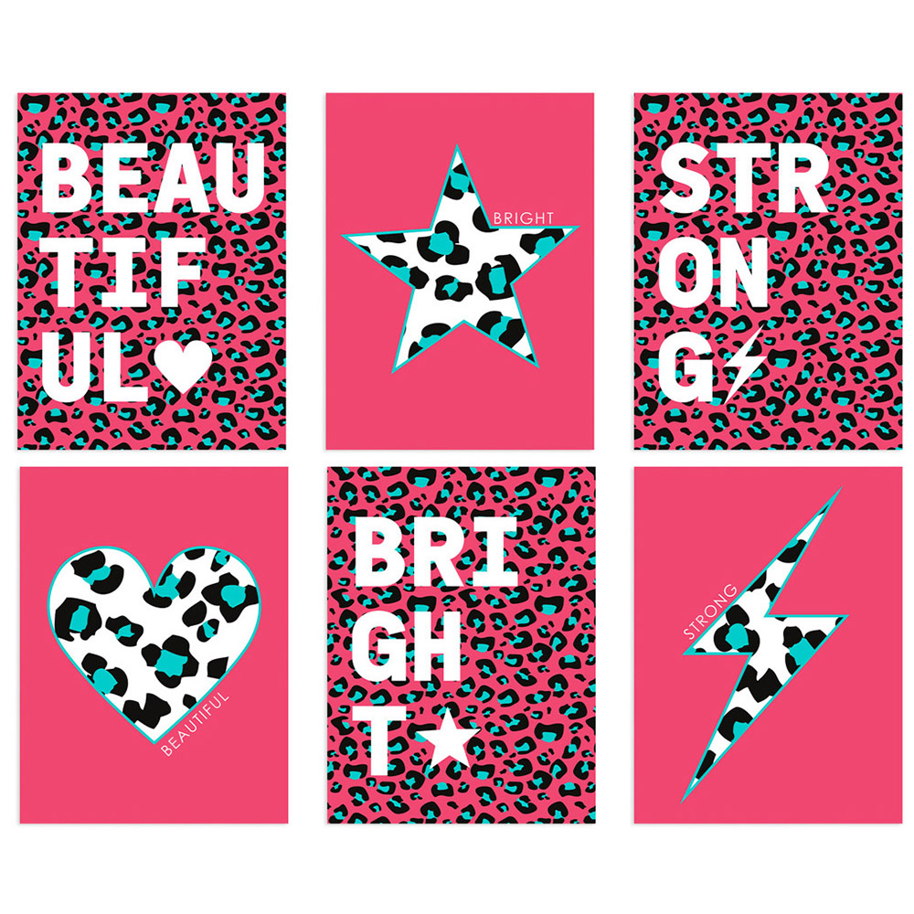 Wee Blue Coo Pink and Turquoise Leopard Pattern Bold Shapes Wall Art Print 30 x 41cm 6 Pack Image 1