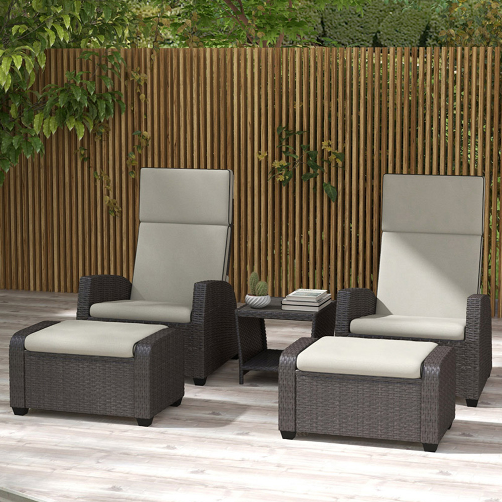 Outsunny 5 Piece Brown Rattan Reclining Chair Set with Footstools and Coffee Table Image 1